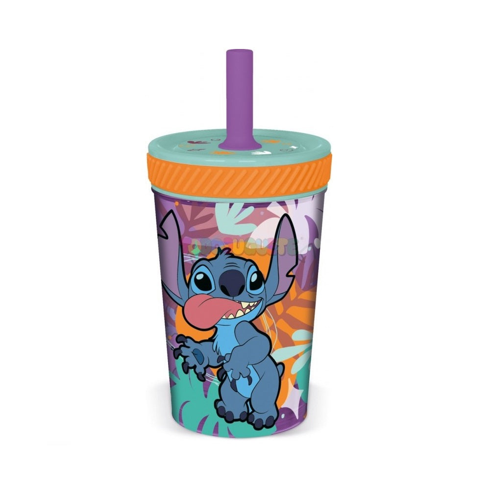 VASO CON BOMBILLA SILICONA ANTIVUELCO STITCH 370ML