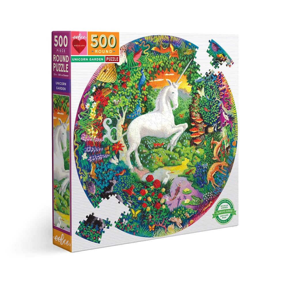 Puzzle redondo 500 piezas unicornio en el jardín