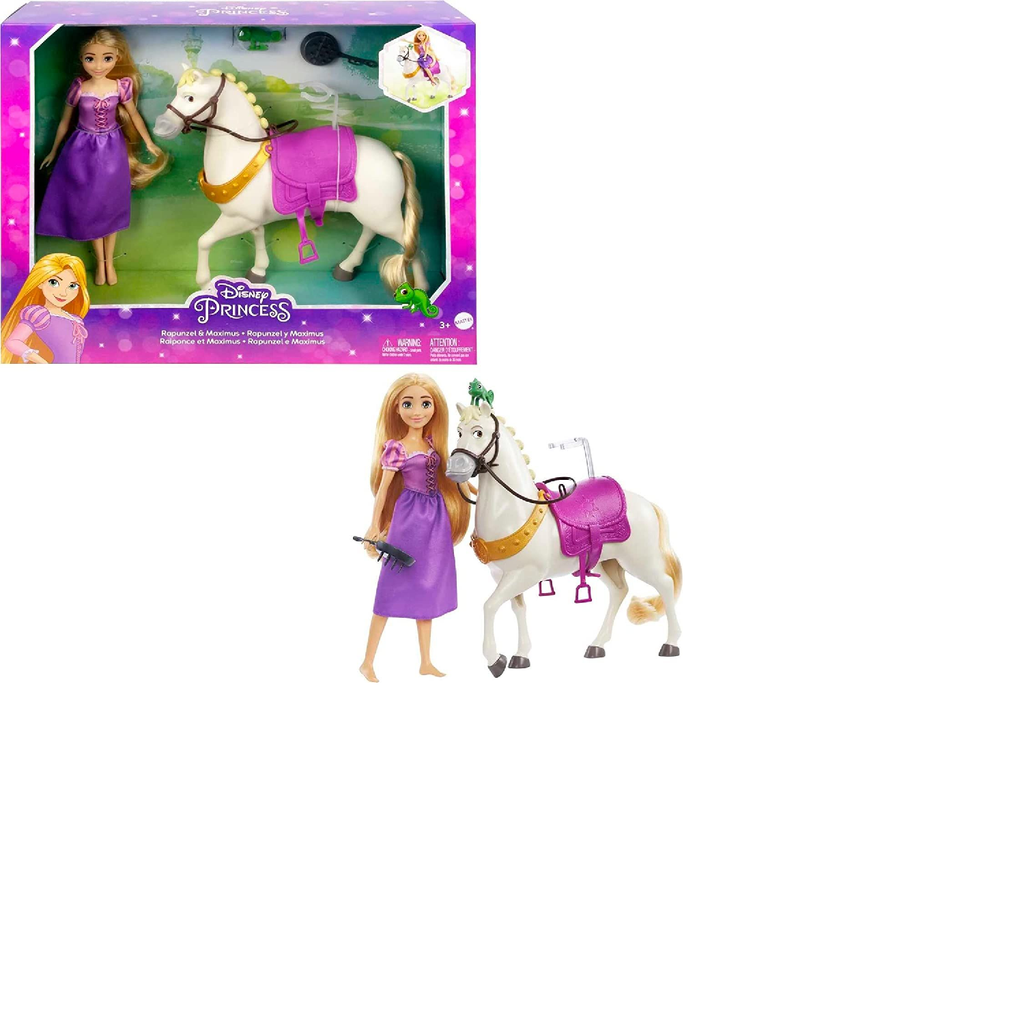 muñeca Rapunzel con caballo Maximus, figura de Pascal